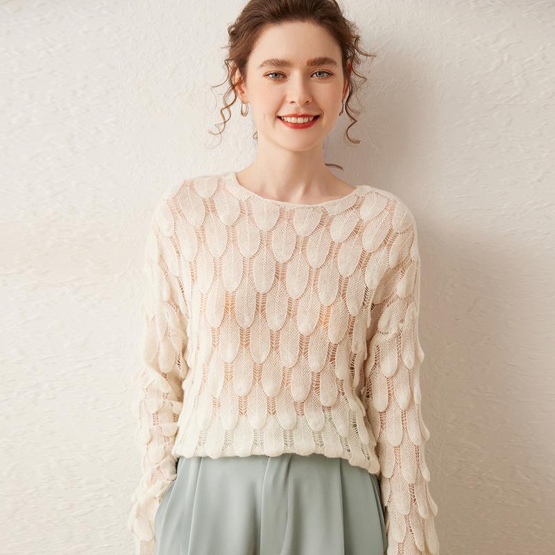 Women's High-End French Cashmere Sweater: Hollowed-Out, Round Neck, Bell Sleeves, 2024 Trend