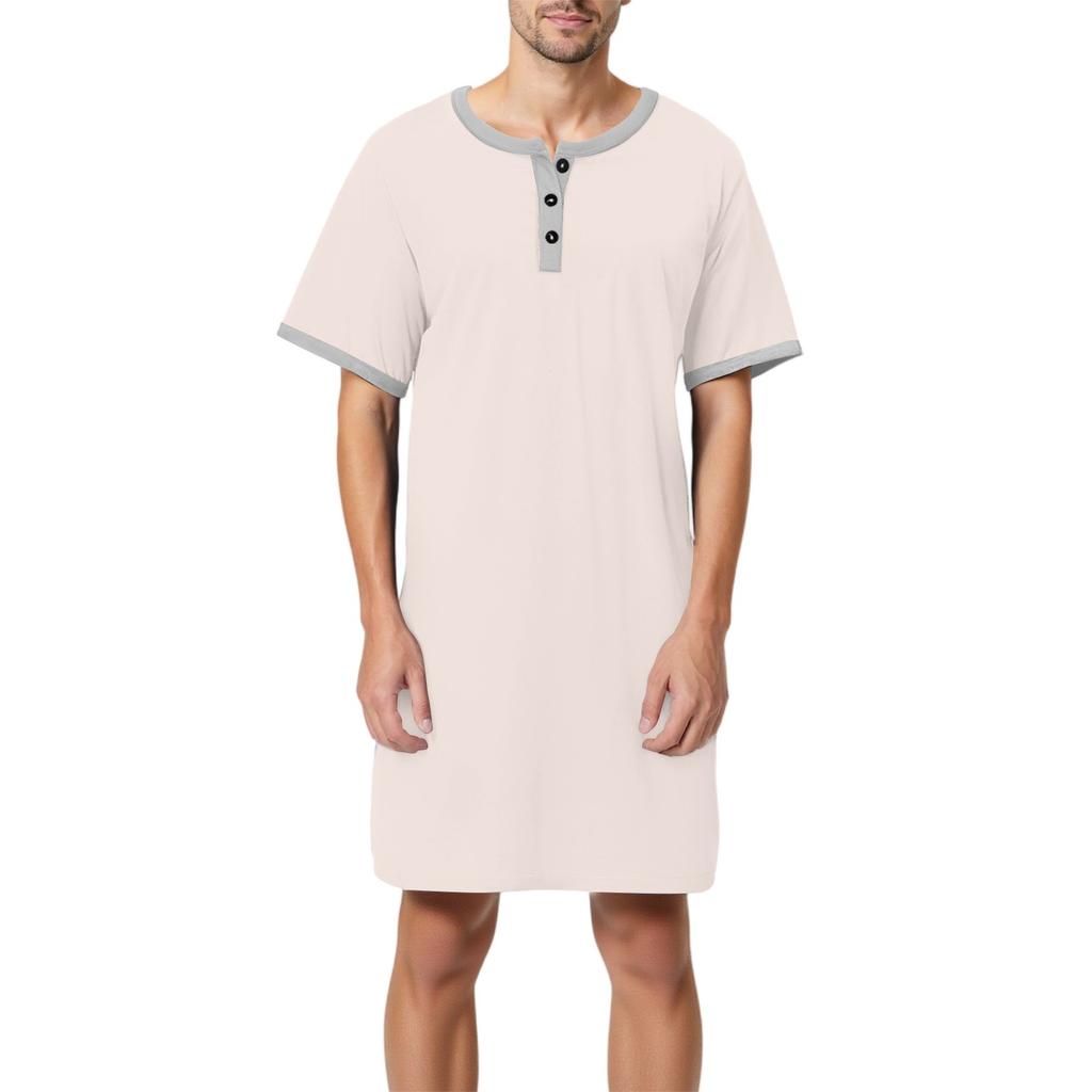 Мужская однотонная хлопковая пижама с коротким рукавом, рубашка на пуговицах с отложным воротником, длинная свободная пижама, домашняя одежда