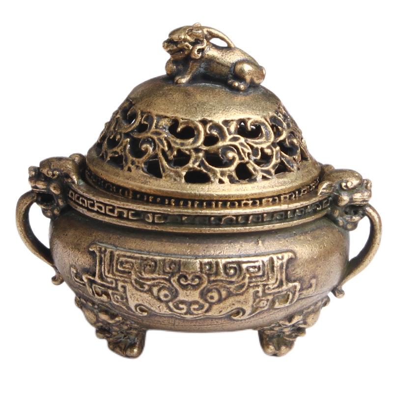 Pure Brass Antique Fortune-Bringing Pixiu Home Decor Double-Eared Three-Legged Cauldron Sandalwood Incense Burner