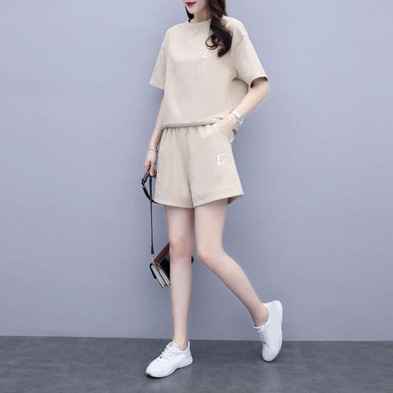 Комплект из 2 предметов для женщин, летний комплект из топа с круглым вырезом и короткими рукавами, короткие спортивные штаны, повседневный спортивный костюм для бега, комплект для отдыха