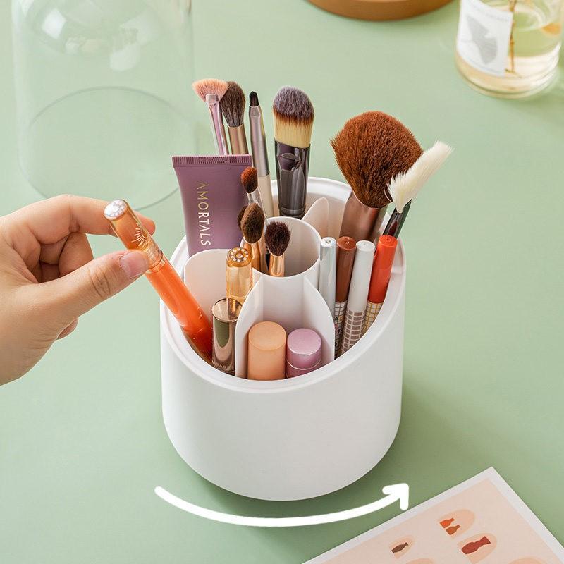 Acrylic Makeup Organizer With Rotating Compartment Lipstick Eyeshadow Brushes Storage Transparent Minimalist Cosmetic Holder