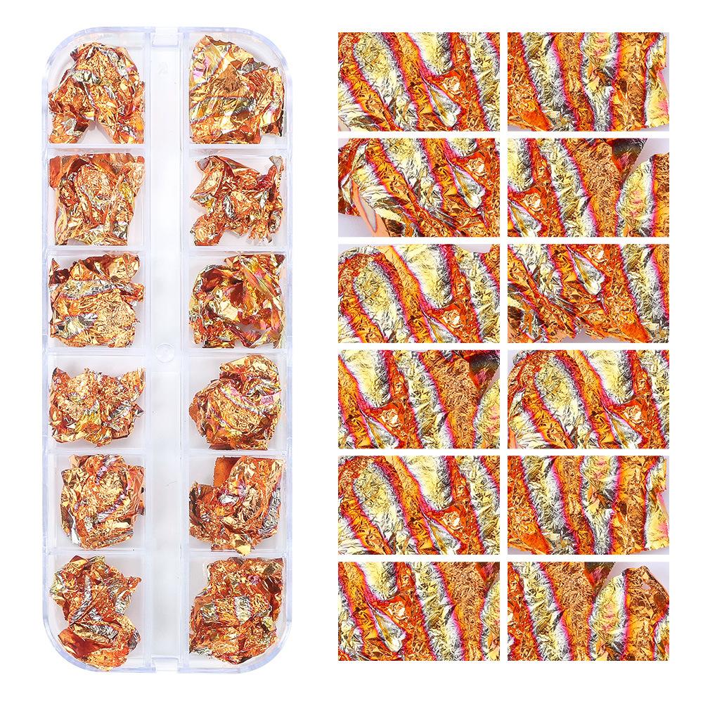 12 сеток для дизайна ногтей, золотая фольга, бумага для японского дизайна ногтей, фрагменты золотой и серебряной фольги, коробка для самостоятельного изготовления, декоративные наклейки для ногтей из оловянной фольги