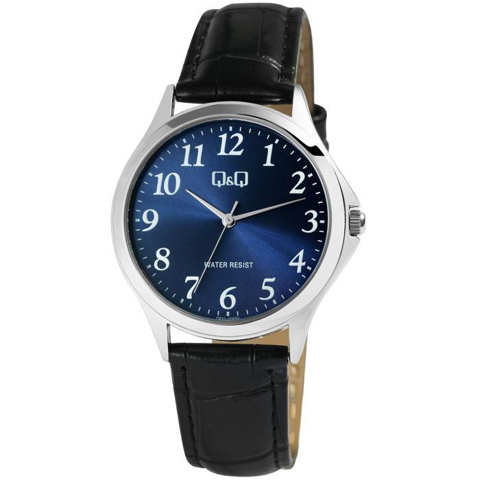 Montre - Q&Q - Quartz analogique - Cadran bleu 36 mm - Bracelet simili cuir noir - Étanchéité 3 bar