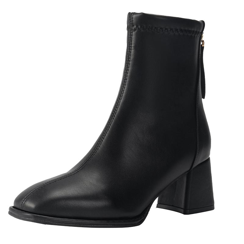 Block Heel Booties Women's New Autumn and Winter Plus Fleece Square Toe French High Heel Skinny Boots