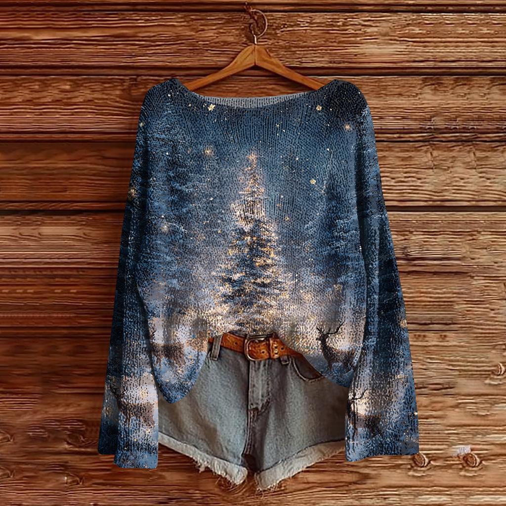 Women's Christmas Print Lightweight Sweater Casual Long Sleeve Knitted Pullover