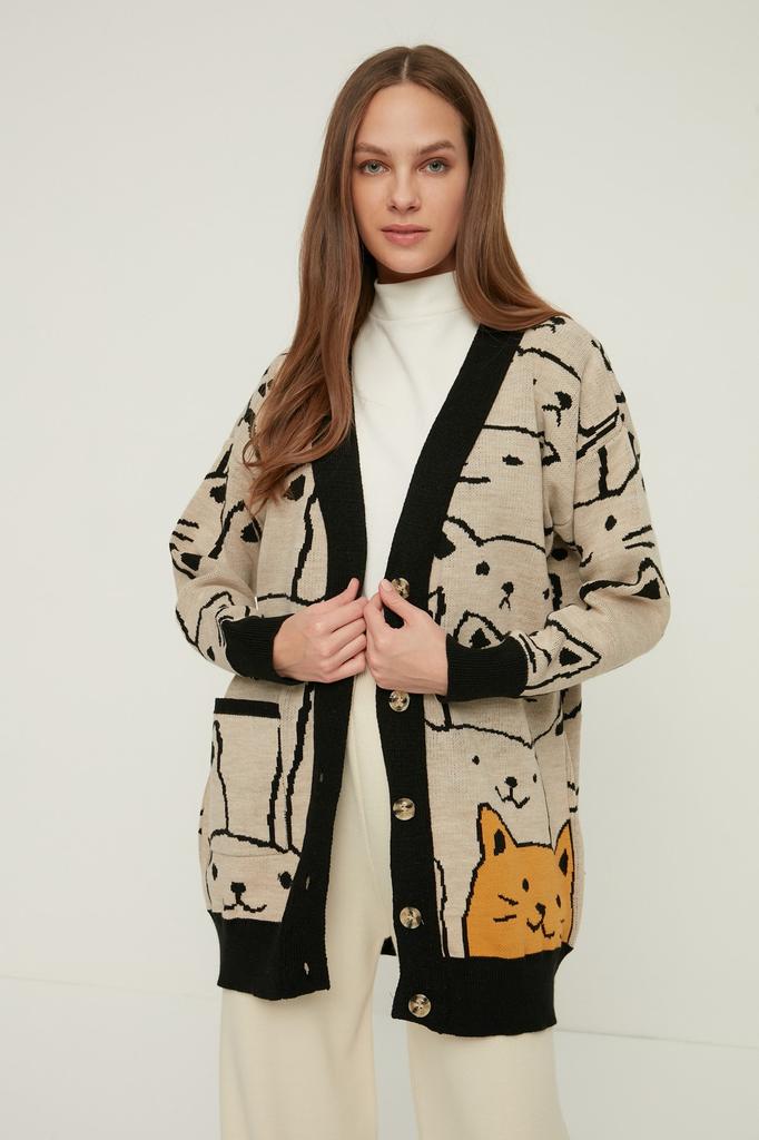 Женская мода, новый кардиган в хиджабе, трикотажный кардиган цвета индиго с животным рисунком