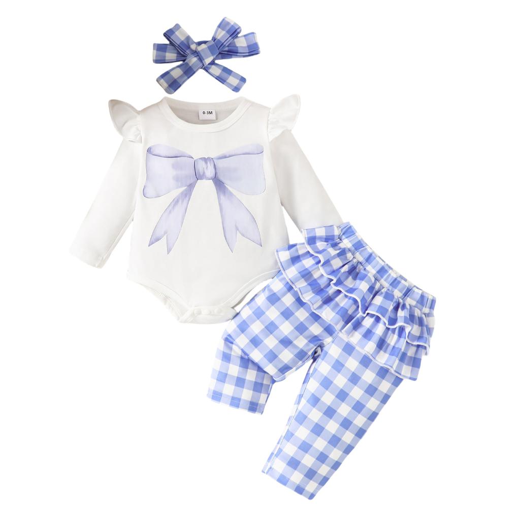 Летний детский комплект из трех предметов: длинные брюки цвета хаки в клетку с бантом и длинными рукавами для девочек + повязка для волос