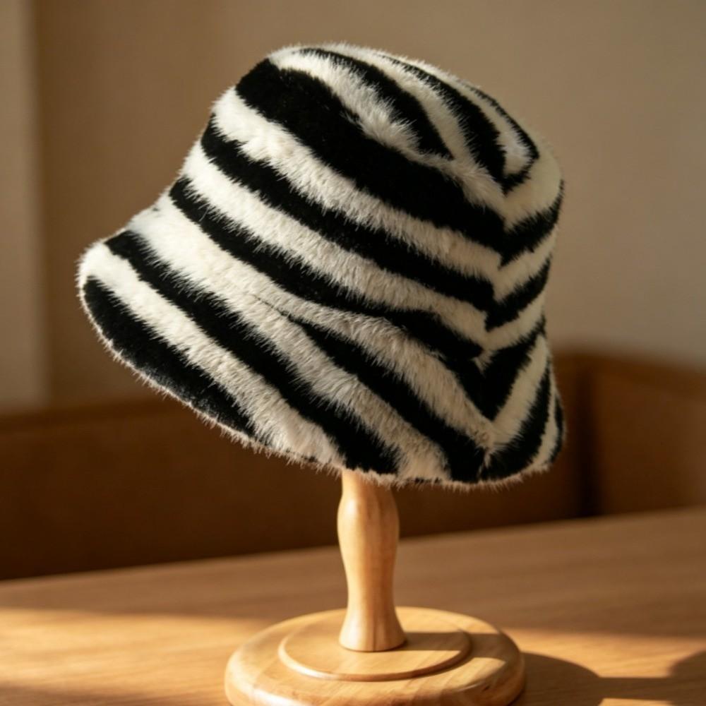 Fluffy Winter Bucket Hat Zebra Pattern Basin Hat New Striped Fisherman Hat