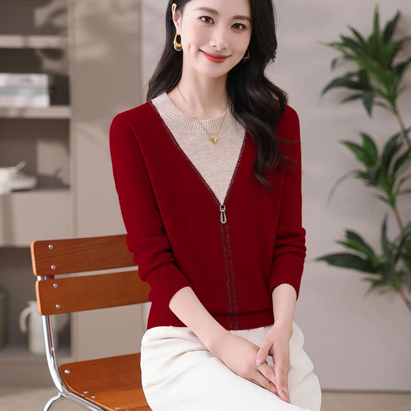 Colorblock Round Neck Knitted Long-sleeved Women's Sweater Spring Autumn New Fashion Versatile Bottoming Shirt Trendy