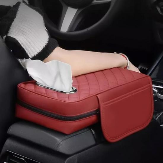 Car Universal Armrest Cover Leather with Tissue Storage Memory Foam Height Pads