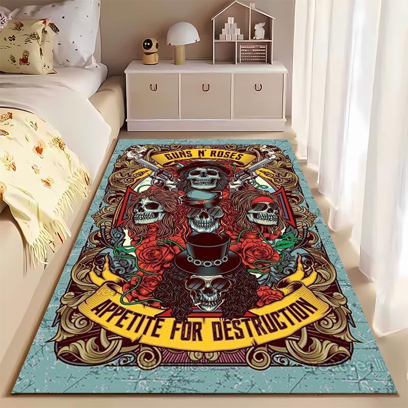 Guns N' Roses Skull Artwork Rug Design Non-slip rug suitable for living room and bedroom sofas.