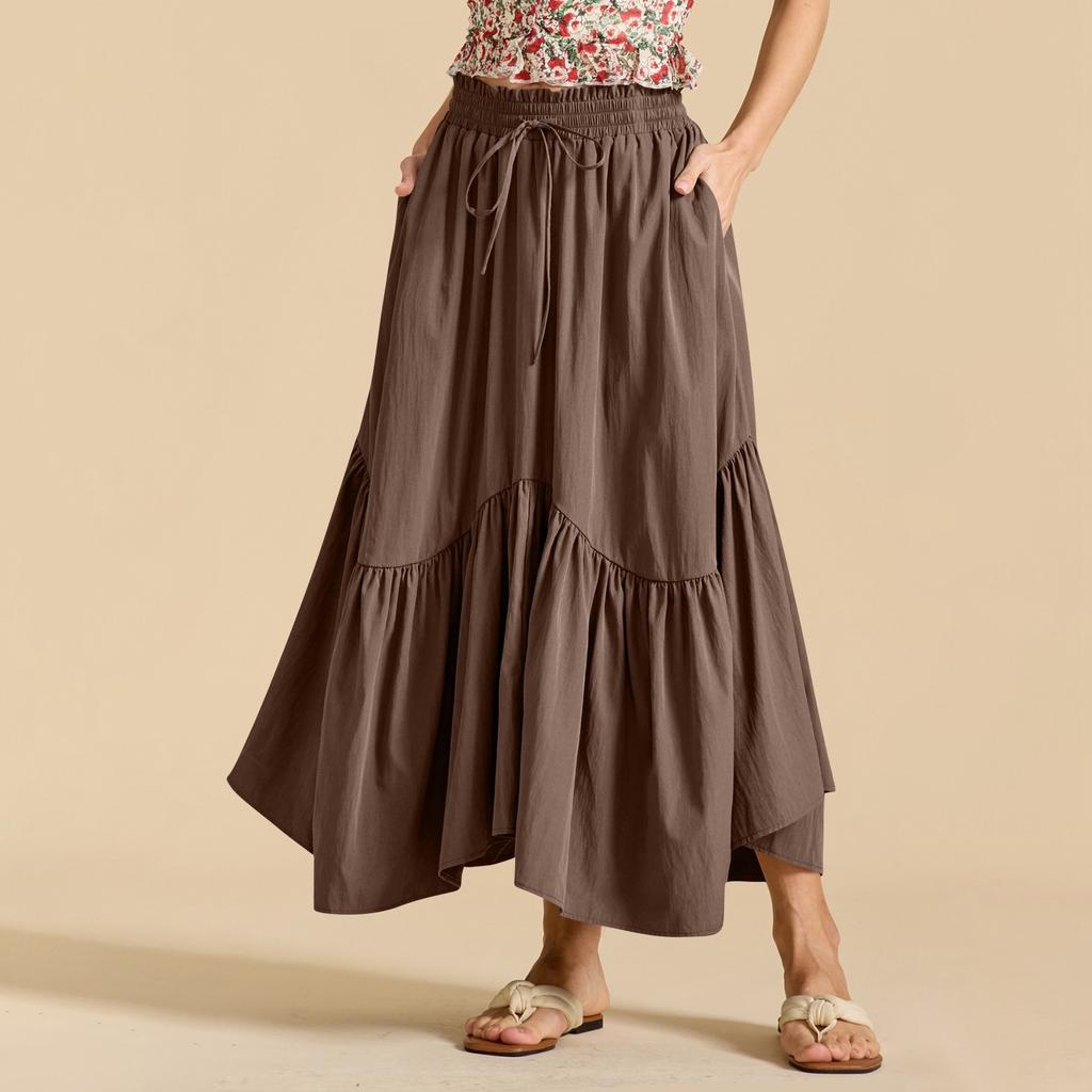 Женская модная однотонная юбка с высокой талией и эластичным поясом, с широкими карманами, в стиле ретро, с полудлинной юбкой