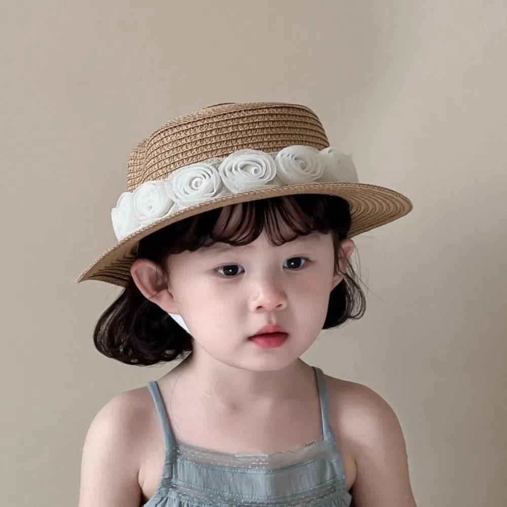 Summer Baby Straw Caps French Children Sun Hat Trendy Flower Lace Straw Hat for Kids