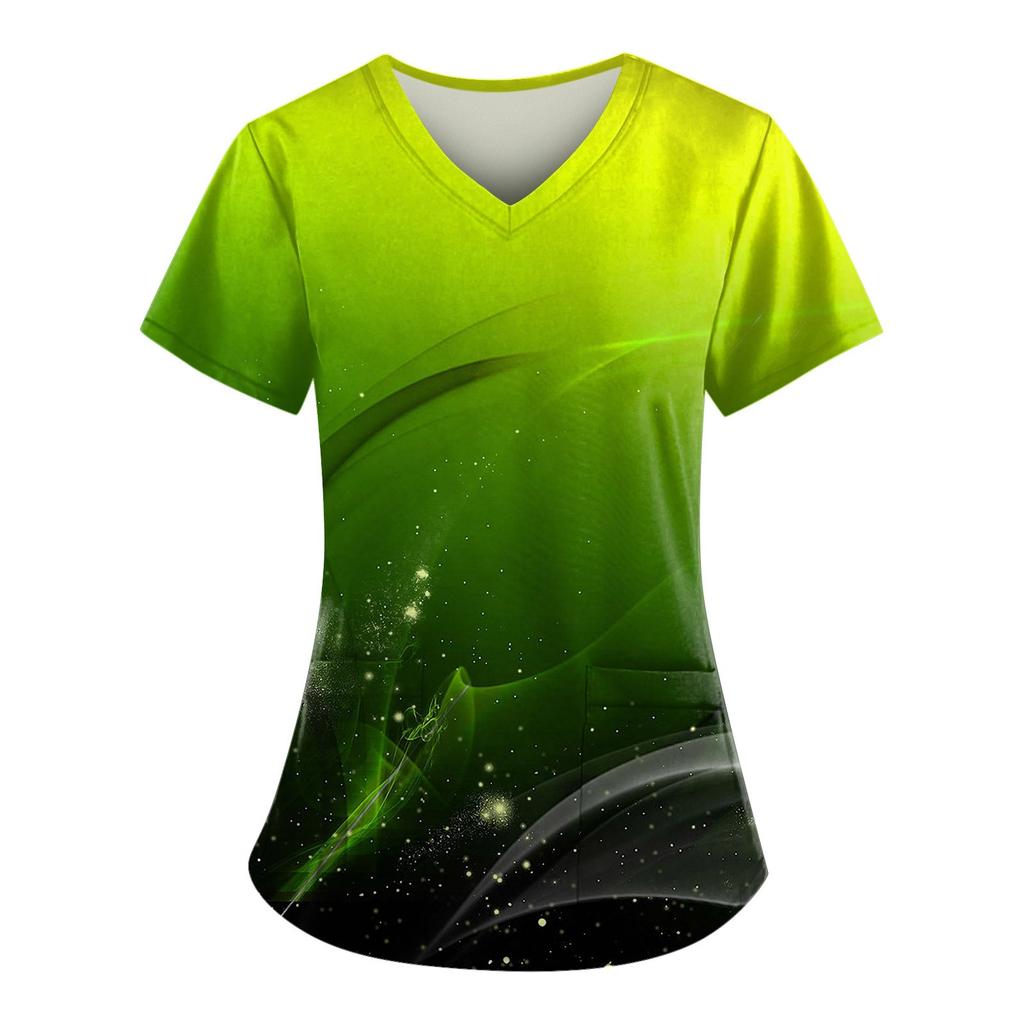 Рабочая форма больших размеров с принтом, топы для женщин, забавные футболки с v-образным вырезом и короткими рукавами, рабочая одежда, футболка с карманами