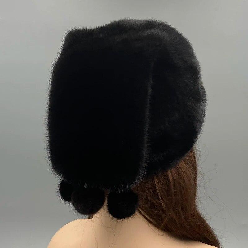 Шапка из натурального меха норки для женщин, зимние теплые шапки с шариками, роскошная черная рождественская шапка, регулируемый размер головы 55-62 см