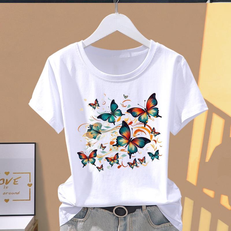 (Asian Size) Short Sleeve T-shirts flower butterfly trend cute Women's Top T Clothing Print  Fashion Female Casual O-neck Graphic Tee