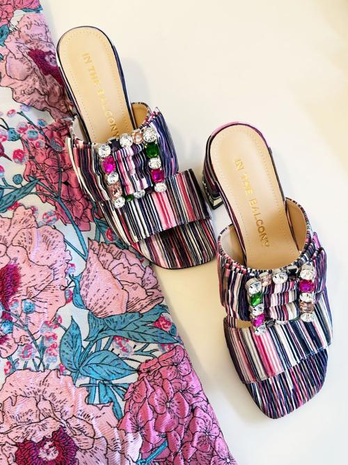 In The Balcony Paige Pleats String Pleats Rainbow Buckle Sandals 6Cm Heel