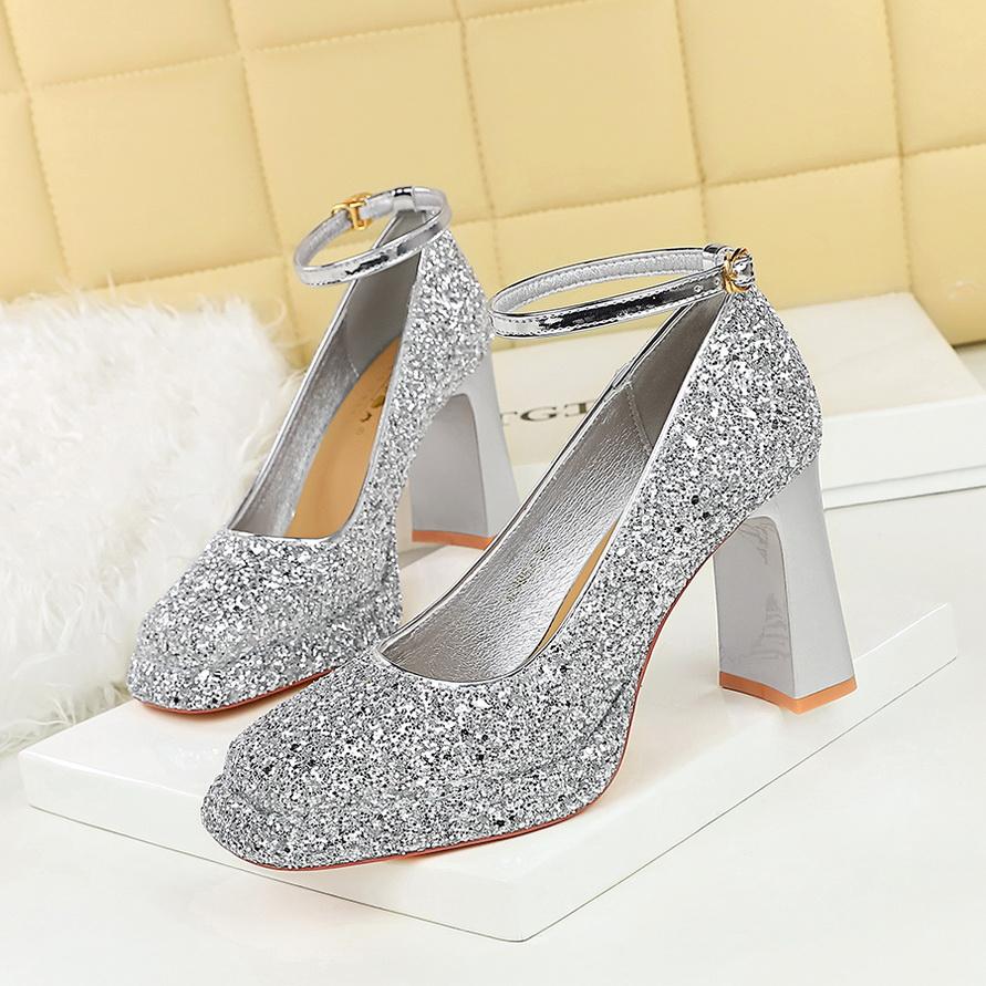 Women's Shoes with Thick Heels, High Heels, Waterproof Platform, Shallow Mouth, Square Toe, Sequins, Straight Strap, Single Shoe