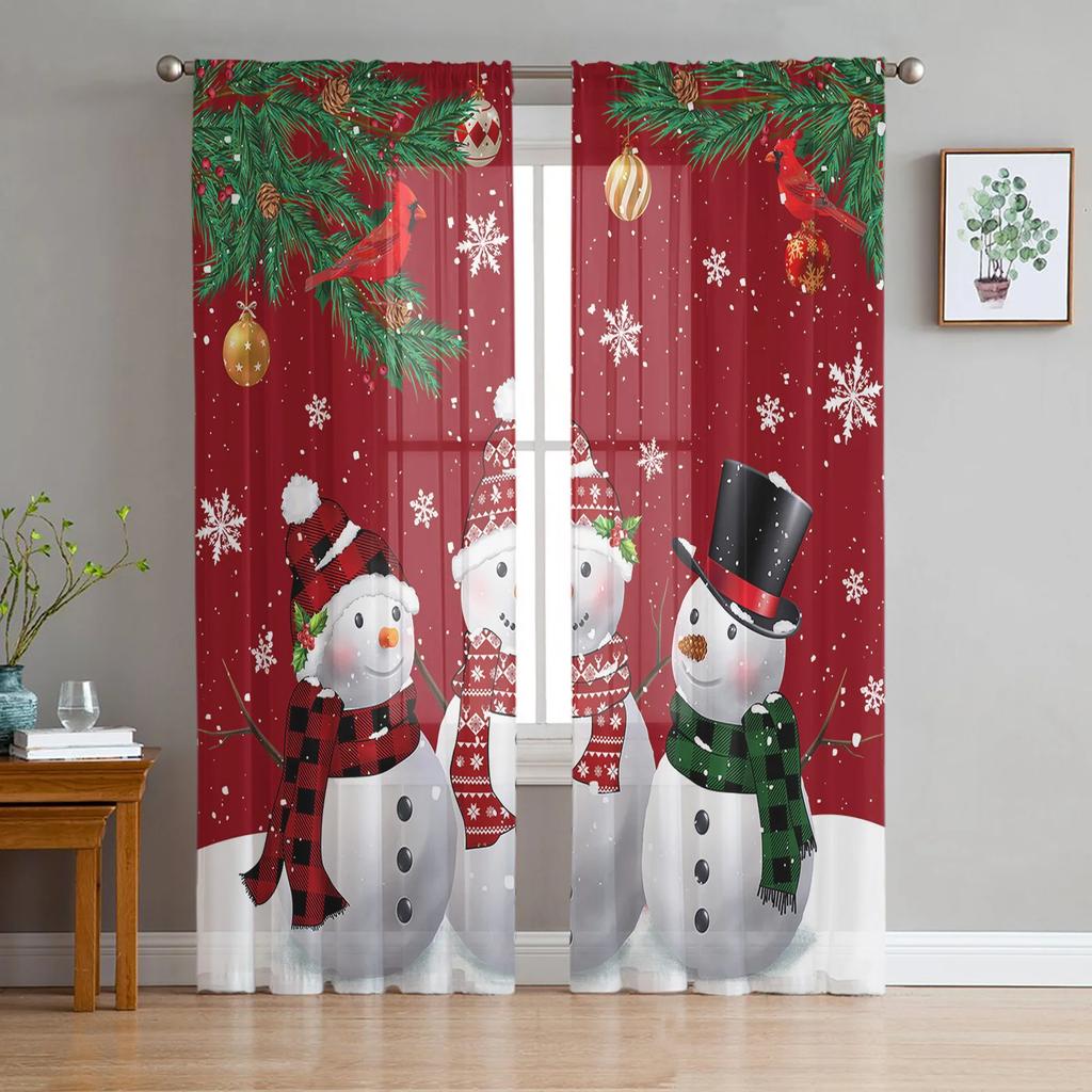 Christmas Tree Snowman Snowflake Red Sheer Curtains for Living Room Decoration Window Curtains Kitchen Tulle Voile Curtains