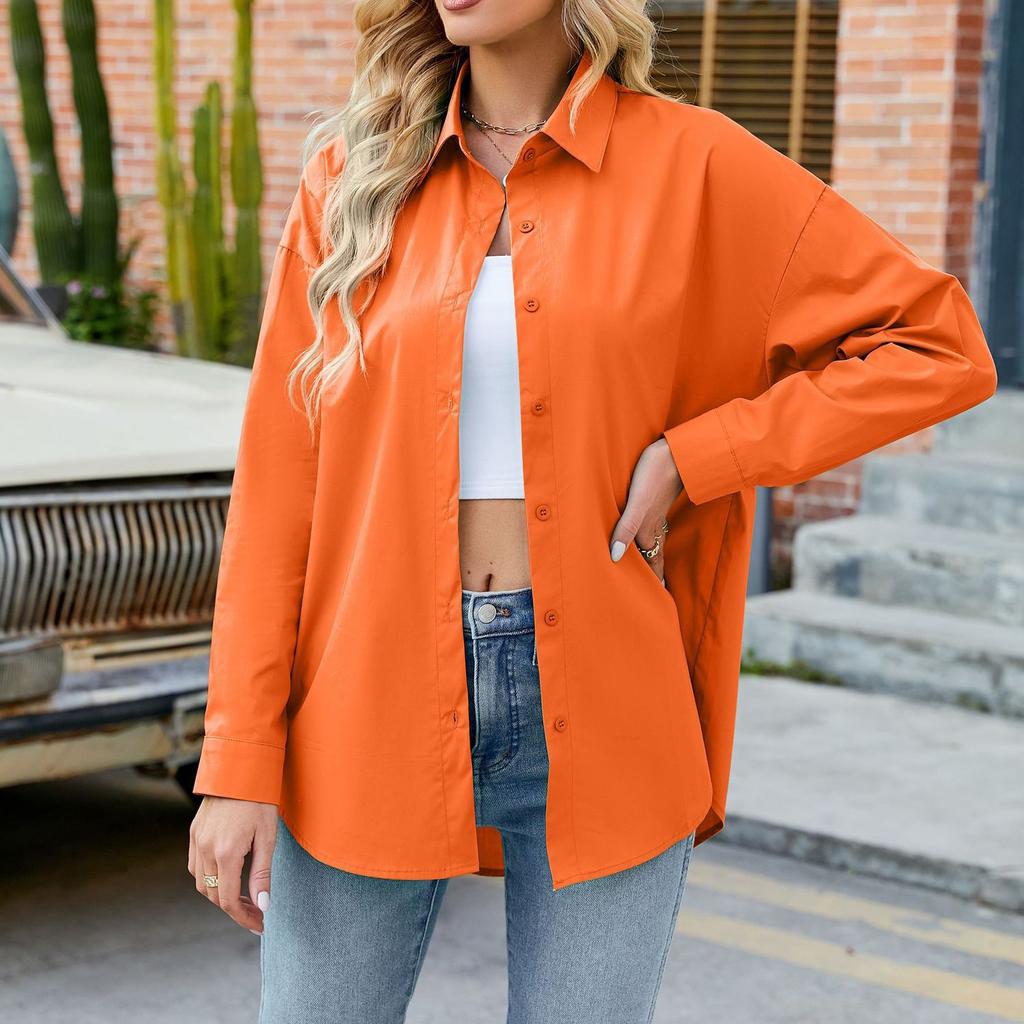 Women's Fashion Solid Color Loose Casual Single-Breasted Long Sleeve Shirt