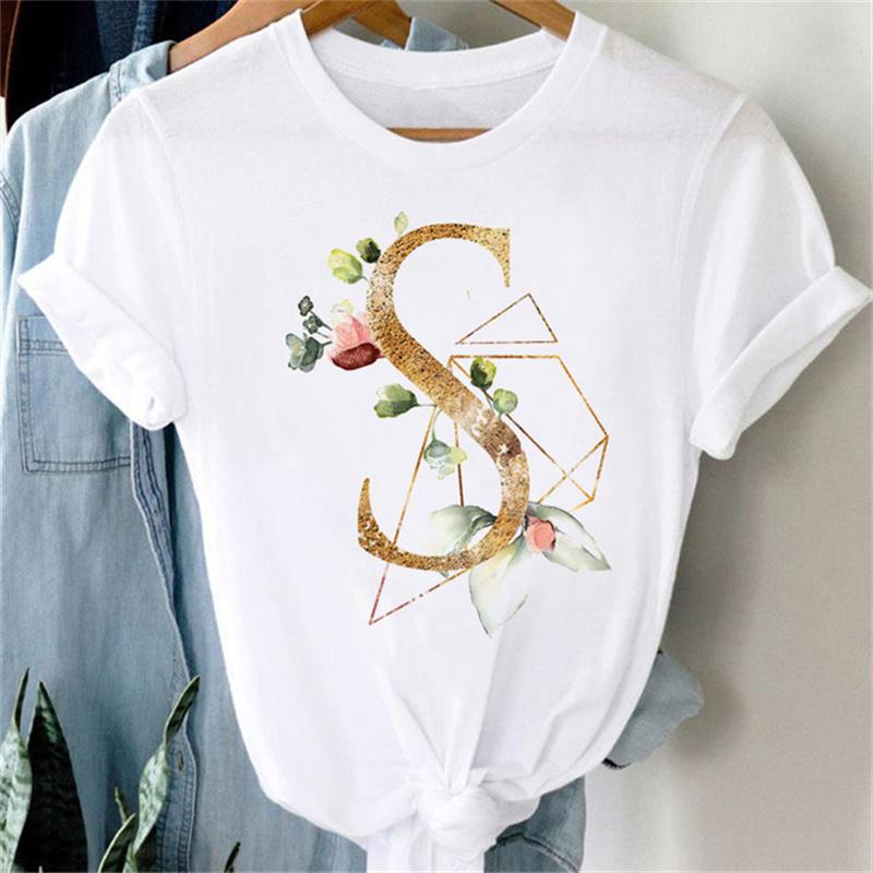 Custom Name Letter Combination Women T Shirt Floral Gold Letter Font A B C D Print Short Sleeve Tee Tops Female T-shirt Clothes