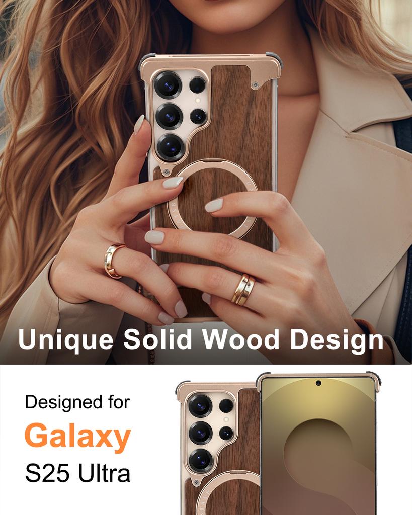 Деревянный чехол Eary для Galaxy S25 S24 Ultra С подставкой с поворотом на 360° Ударопрочный защитный чехол Уникальный деревянный дизайн Безрамный