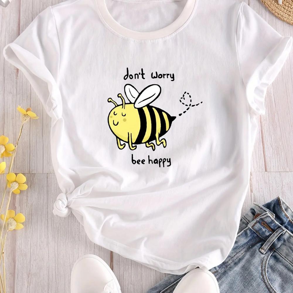 Cartoon Bee Print Crew Neck Casual Short Sleeve for Summer Women's Clothing Short Sleeved Harajuku Streetwear Clothing