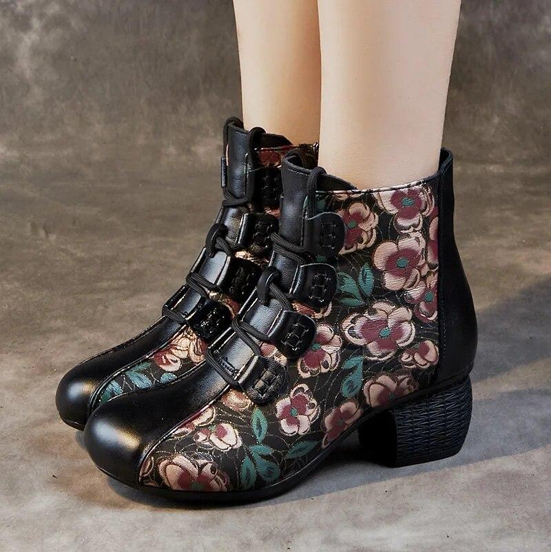 Johnature Короткие ботинки, женские теплые женские туфли с круглым носком и толстым каблуком в этническом стиле, на мягкой подошве с принтом