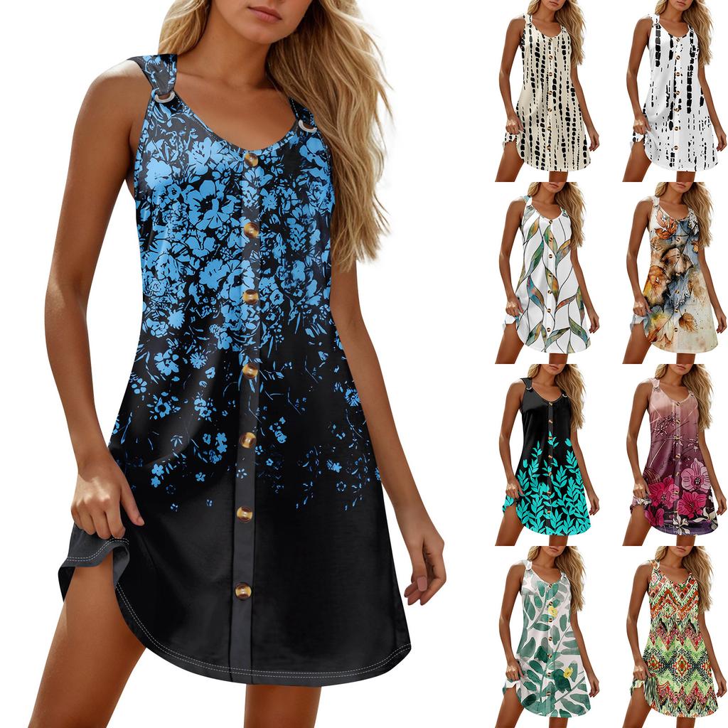 Летние платья для женщин Пляжные бохо без рукавов с принтом Футболки-майки Сарафаны