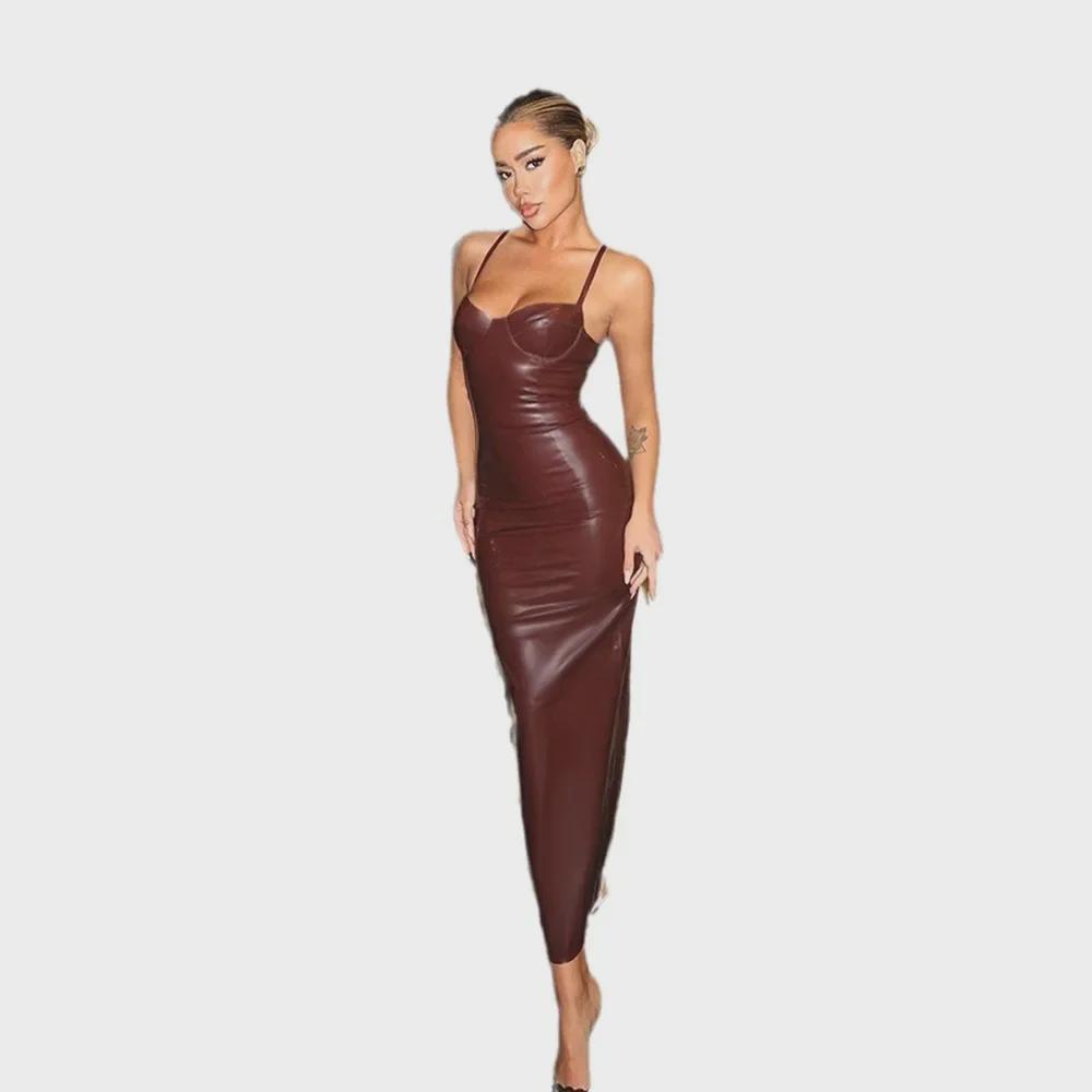 2024 Шикарное европейско-американское однотонное платье из искусственной кожи с плетением, сексуальное, облегающее талию, с подвязками.