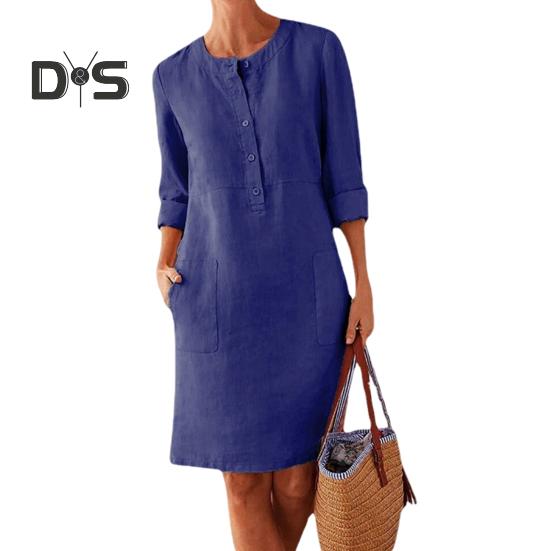 Осень-весна женское платье с круглым вырезом, однотонные пуговицы, свободное платье с длинными рукавами и накладным карманом длиной до колена, повседневное повседневное платье