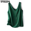WTEMPO Женские блузки без рукавов с v-образным вырезом, элегантные шелковые атласные жилеты, женские летние 2023, повседневные свободные майки и майки, однотонные зеленые топы