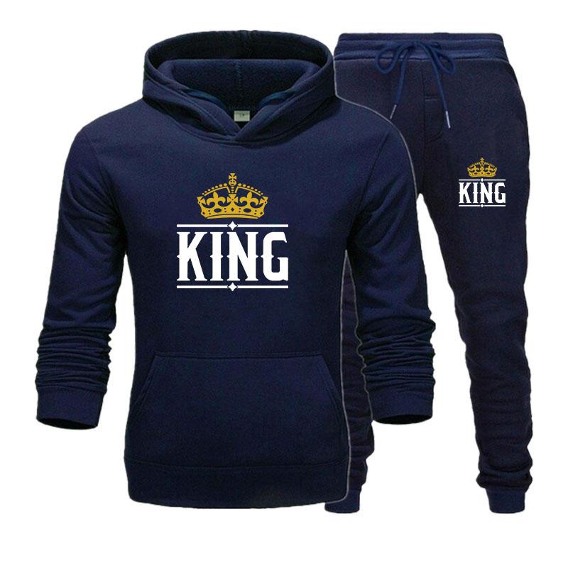 Спортивный костюм для пары, модная толстовка с принтом KING и QUEEN и брюки, мужские толстовки, женские толстовки, флисовые костюмы