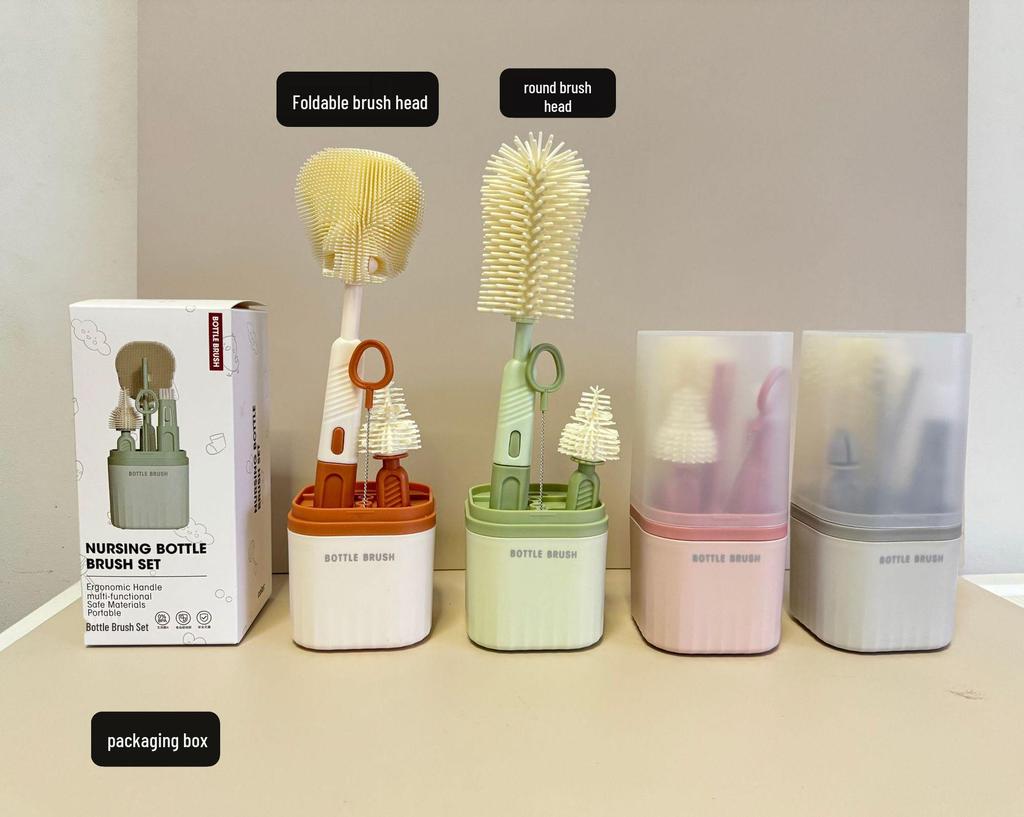 Travel Baby Bottle Brush Set with Silicone Nipple Brush, Draining Rack, Straw & Crevice Brushes