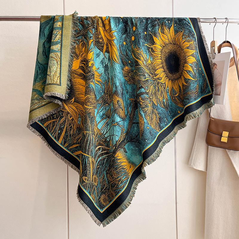 Versatile Mixed Color Contrasting Double-Sided Imitation Cashmere Shawl Winter High-End Warm Square Scarf