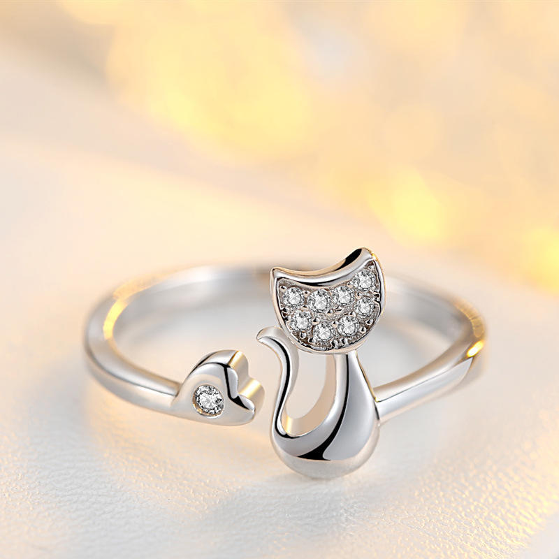 Cute Silver Color Cat Shape Adjustable Wedding Engagement Ring for Women Jewelry Gift KTY