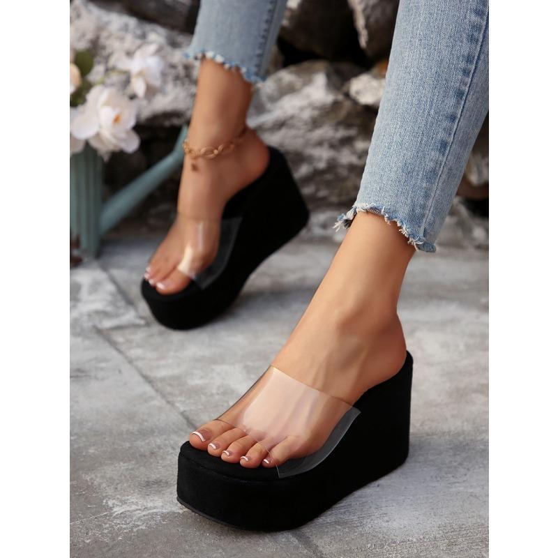 Летние босоножки на танкетке с прозрачными ремешками для женщин 2025 Новое поступление Негабаритная толстая подошва Плоские сандалии