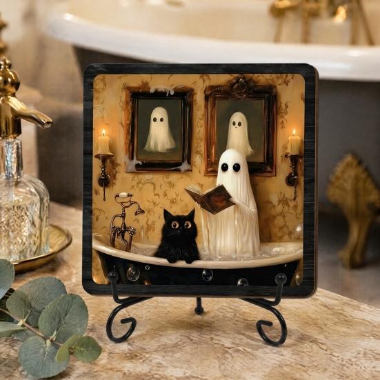 Spooky Bathroom Sink Ornament Halloween Wooden Sign with Metal Stand, Ghost Table Festive Counter Decor Centerpiece for Home Office Tabletop