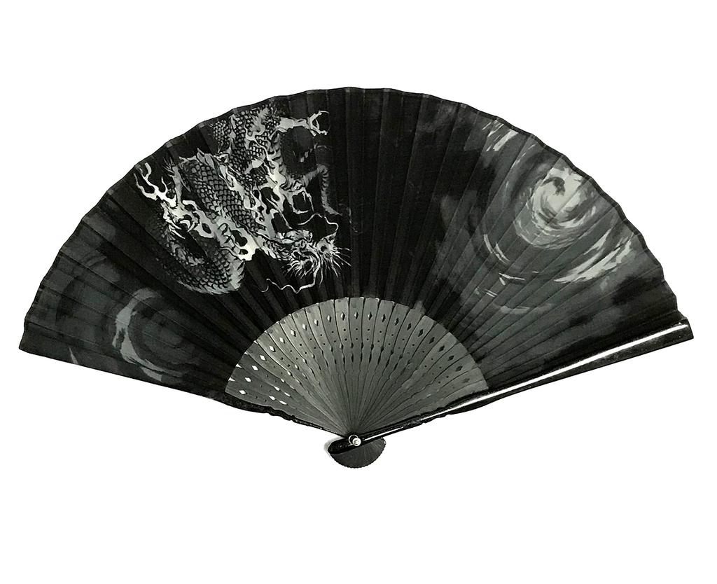 23cm Cotton Folding Fan with Japanese Cloud Dragon Dragon God Cotton and Linen Folding Fan Bag 1299c Men's High-Quality Pattern, Black, Openwork,