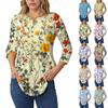 3/4 Length Sleeve Womens Tops Summer T-Shirts Floral Print V Neck Casual Basic Tee Button Shirts Tunic Tops