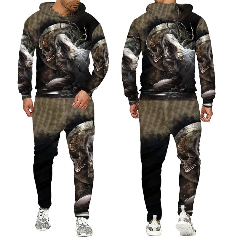 Mens Tracksuit Autumn And Winter Hoodie +Pants Two Piece Set Cool 3D Skull Print Mens Fashion Hoodies Sweatshirts Suits