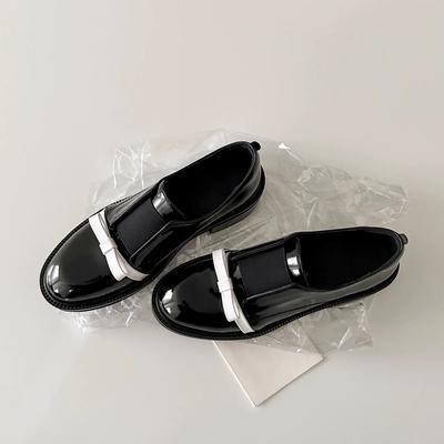 Британский стиль ретро кожа круглый нос бант лоферы на одной педали женские 2025 весна толстый каблук маленькие кожаные туфли одинарная обувь