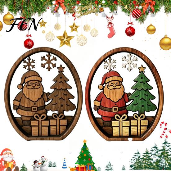 Desktop Standing Xmas Ornaments 3Pcs Christmas Santa Claus And Tree Ornaments, Wooden Oval Table Rustic Tabletop Decor Centerpiece, Solid Wood