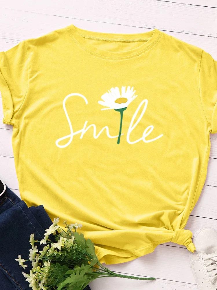 Полевые цветы Улыбка Принт Письма Женская Футболка Короткий Рукав Круглый Вырез Свободная Женская Футболка Женская Футболка Топы Camisetas Mujer