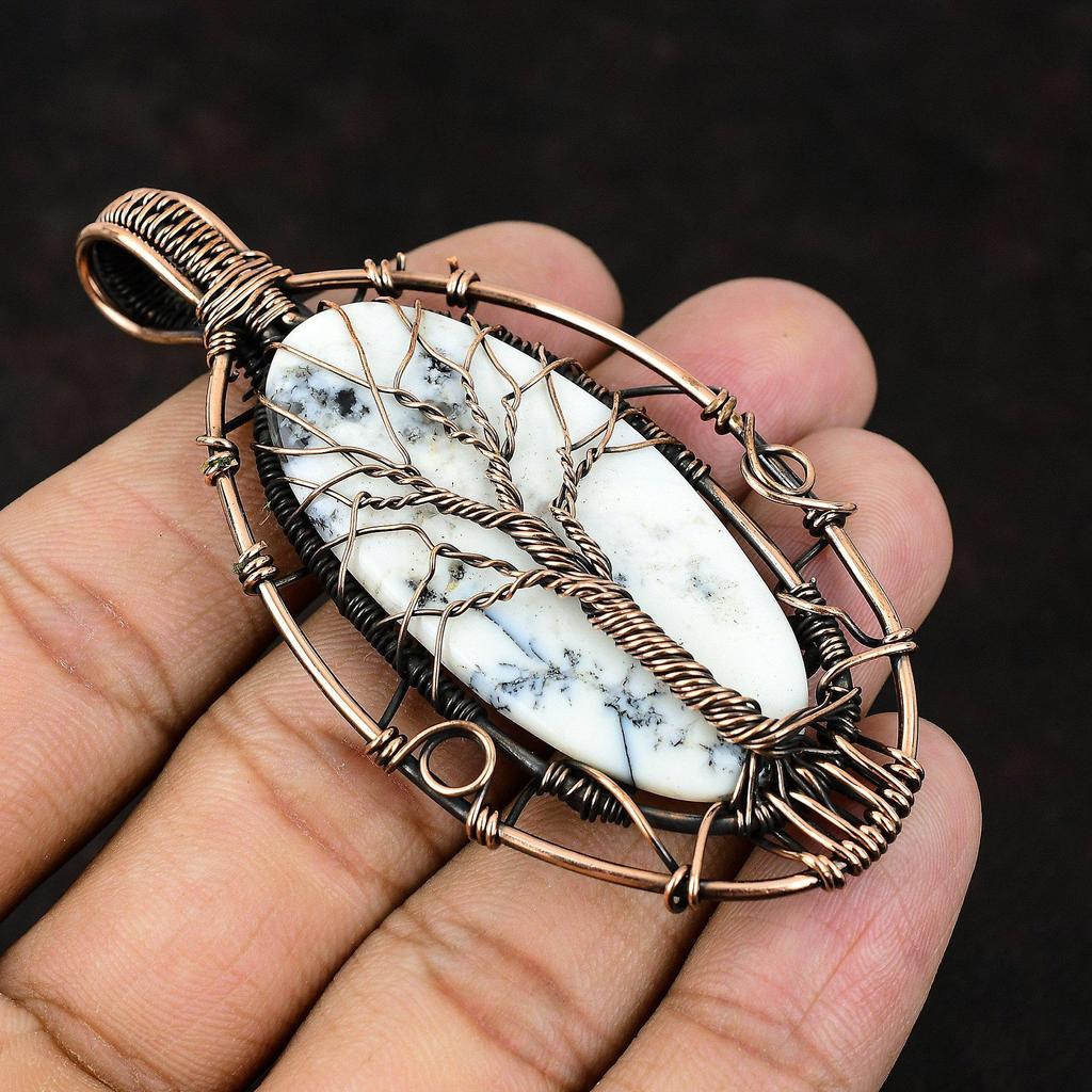 Подвеска из опала и дендрита «Дерево жизни», подвеска из драгоценного камня, подвеска из медной проволоки, дизайнерская подвеска из дендрита ручной работы, подарок другу