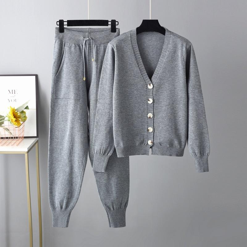 Autumn and Winter New Collar Cardigan Sweater Harlan Pants Set Solid Color Cardigan Sweater Two-piece Set