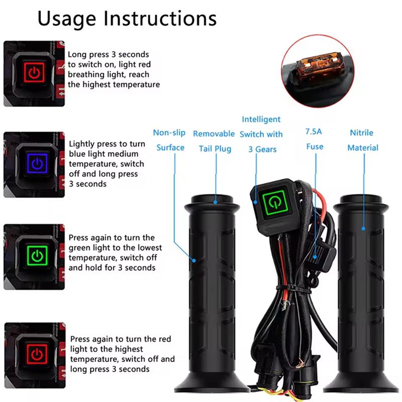 12V Electric Heated Grips Handlebar For ATV Intelligent Three-Speed Heating Handgrips For Diameter For 22MM