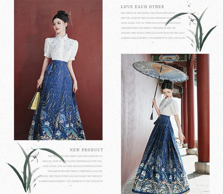 6521 Authentic Chinese Hanfu Embroidered Short-Sleeve Top & Starry Sky Satin Skirt Set