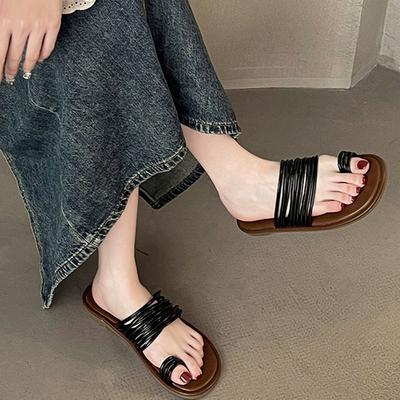 Празднуйте Элегантные Повседневные Тапочки Тонкий Ремешок Простота Мягкая Подошва Тапочки Квадратный Носок Открытый Носок Женская Обувь Плоская Подошва Пляжные Сандалии