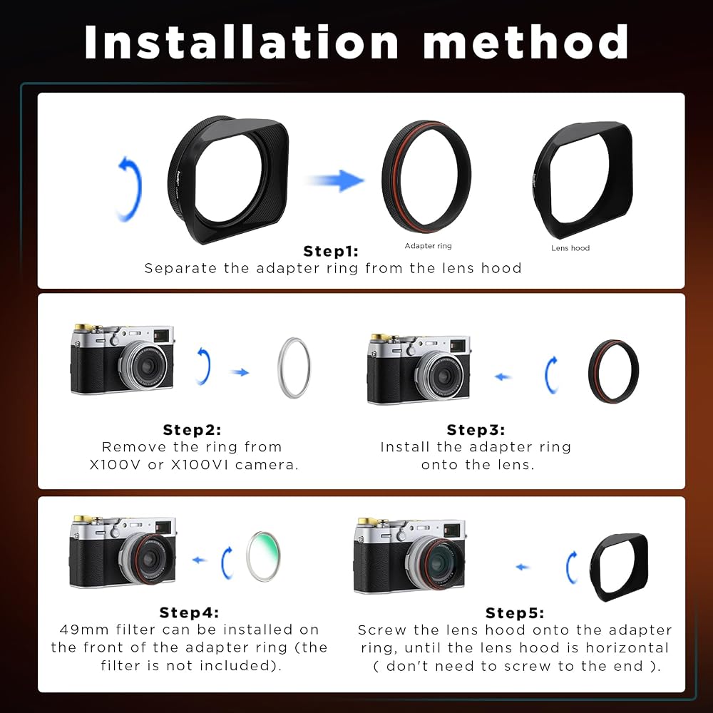 Haoge LH-X200B Square Metal Lens Hood with 49mm Adapter Ring and Metal Cap for Fujifilm X100VI x-100vi x100v x100f x100t x100s - Fujifilm Camera Acces